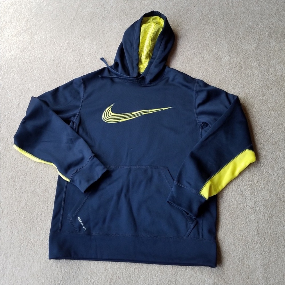 Men's Nike Therma-Fit Dark Blue Yellow Swoosh Hoodie Small